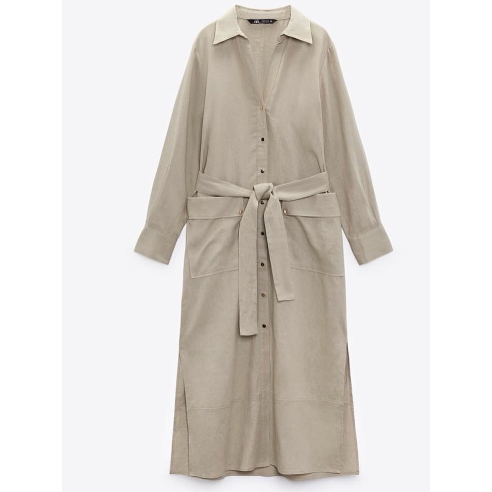 NWT Zara Linen Blend Long Sleeve Gold Buttondown Shirt  Khaki Tan Midi Dress M - Picture 13 of 14